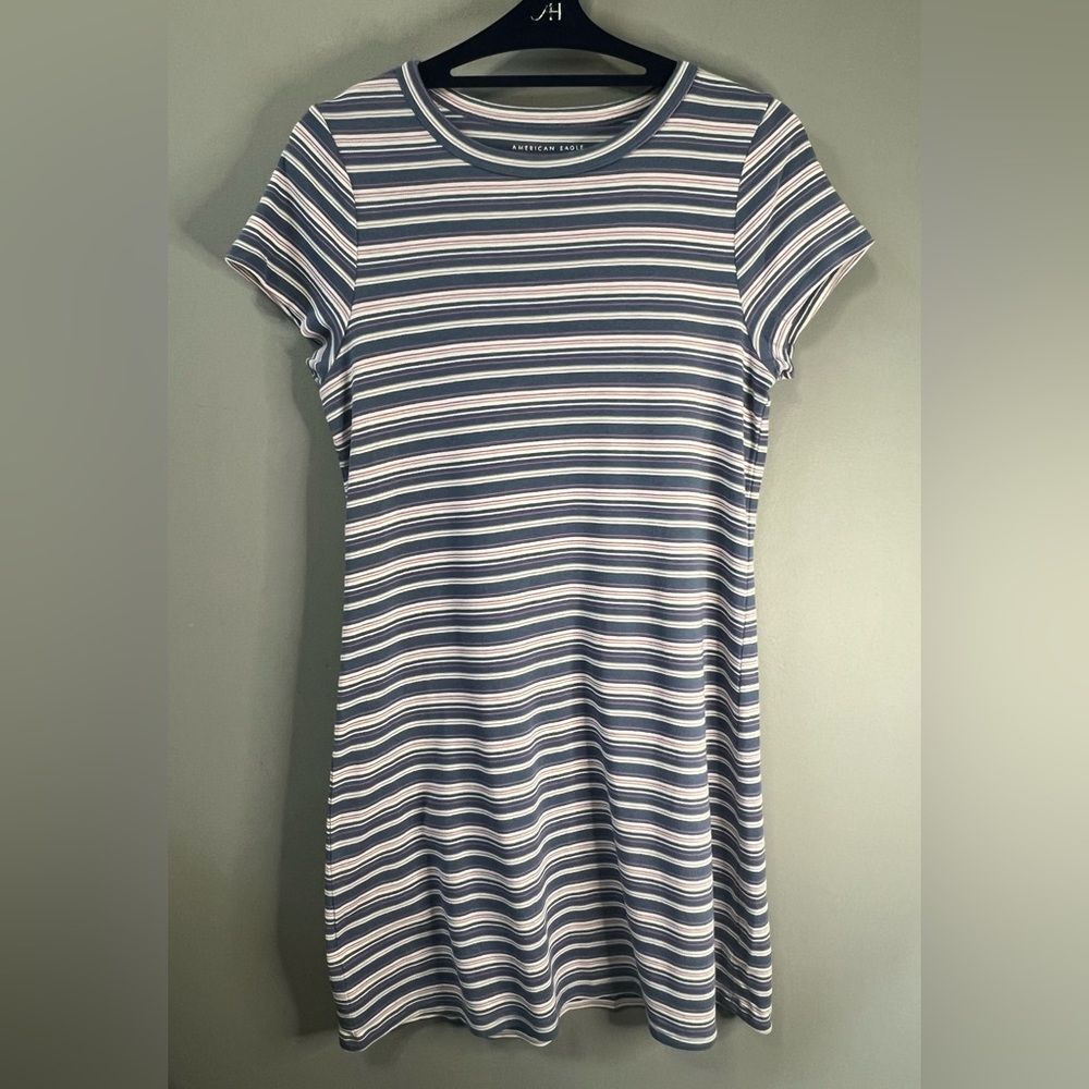 American Eagle Blue Striped T-Shirt Dress Size Large Casual Summer Boho